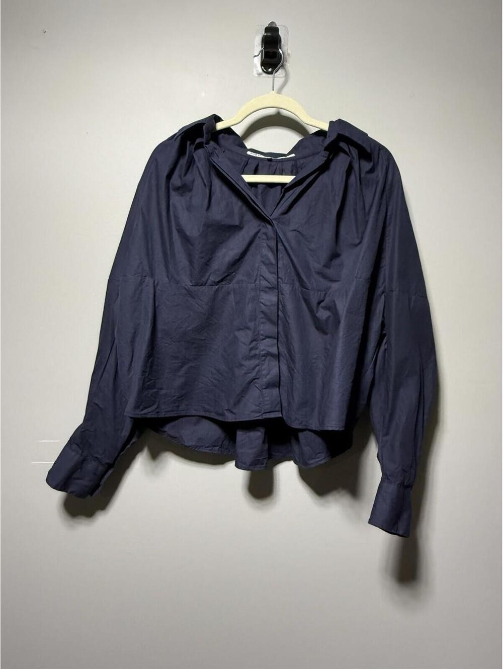 ZARA Poplin Balloon Sleeve Cropped Top Pleated Button Down Shirt Navy XS Office